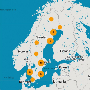 En karta över våra verksamheter i Sverige, Norge och Danmark. Foto.