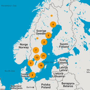 En karta över våra verksamheter i Sverige, Norge och Danmark. Foto.